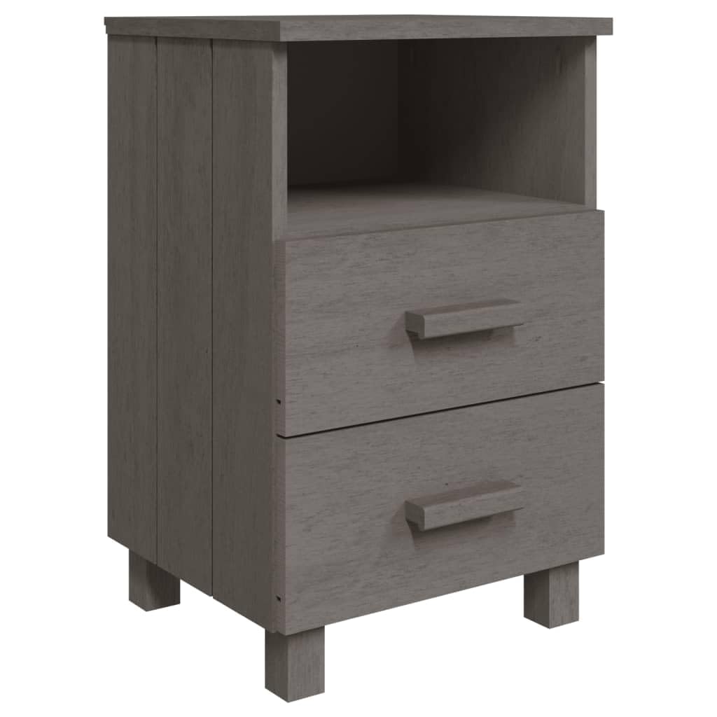 vidaXL HAMAR Bedside Cabinet, Solid Pinewood Side Table, Light Gray - Complete with Two Drawers and Open Shelf for Ample Storage