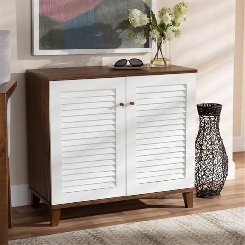 Baxton Studio Coolidge Modern and Contemporary White and Walnut Finished 4-Shelf Wood Shoe Storage Cabinet