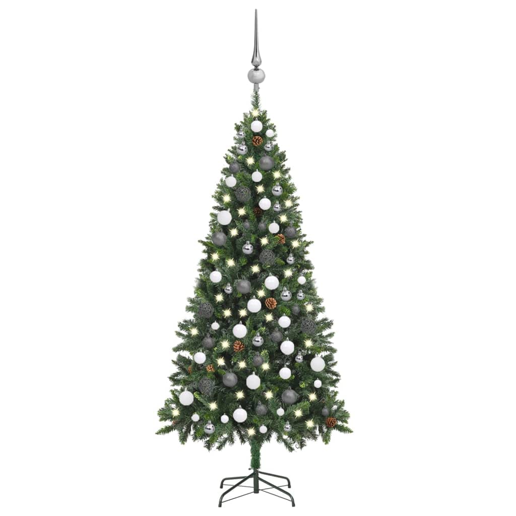 Vidaxl Artificial Pre-Lit Christmas Tree - Pine Tree Design With Led Lights - 70.9&quot; Tall - Includes Pine Cones & Ball Set, Green