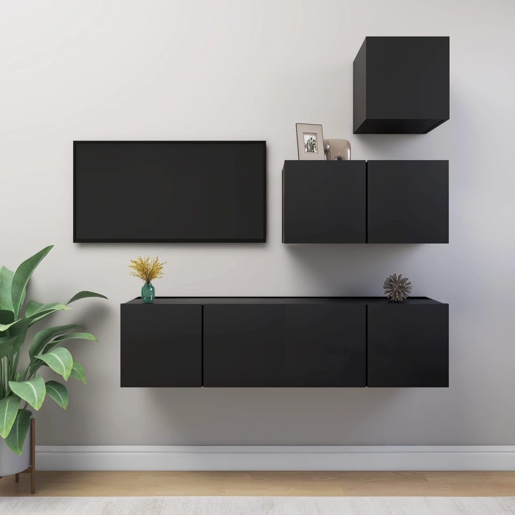 vidaXL TV Cabinet Set 4 Piece Home Indoor Living Room Hanging Wall-Mounted Stereo Plasma HiFi Cabinet TV Unit Furniture Black Engineered Wood