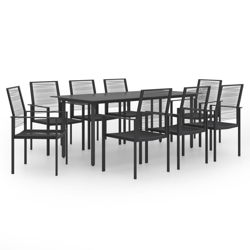 vidaXL 9 Piece Patio Dining Set - Sturdy and Comfortable Outdoor Furniture with Glass Tabletop, Powder-Coated Steel Frame and Black PVC Hollow Rattan Chairs.