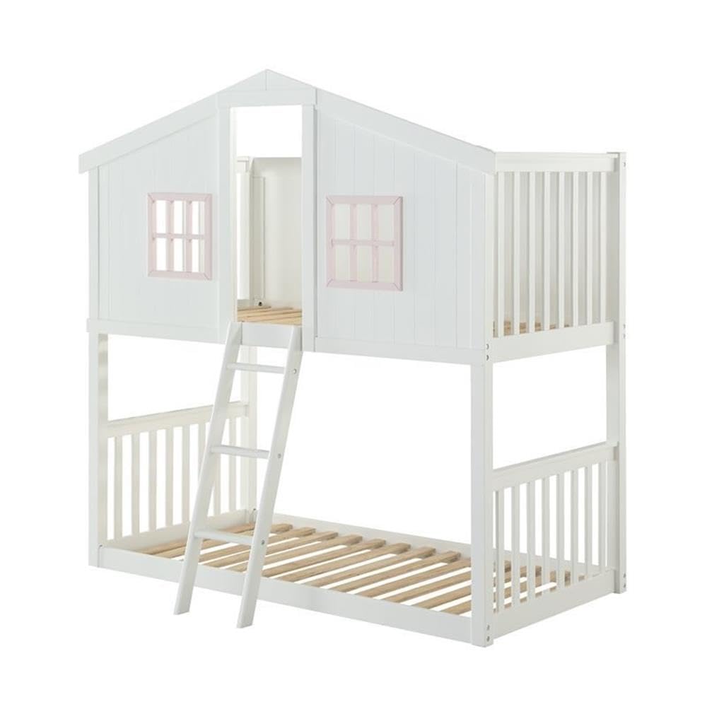 Acme Rohan Cottage Twin Over Twin Bunk Bed in White & Pink
