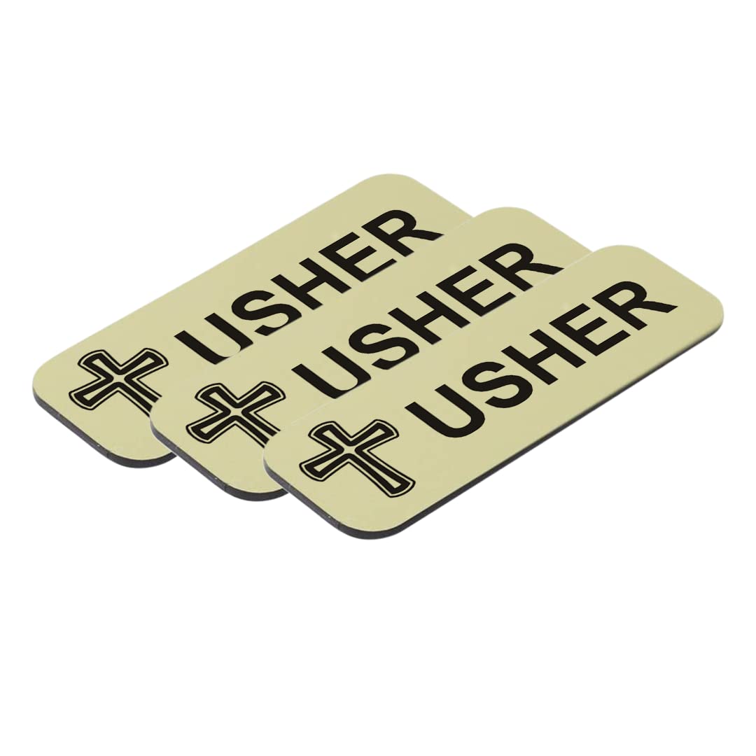 Usher 1 X 3' Name Tag/Badge, Brushed Gold, Cross Design (3 Pack)