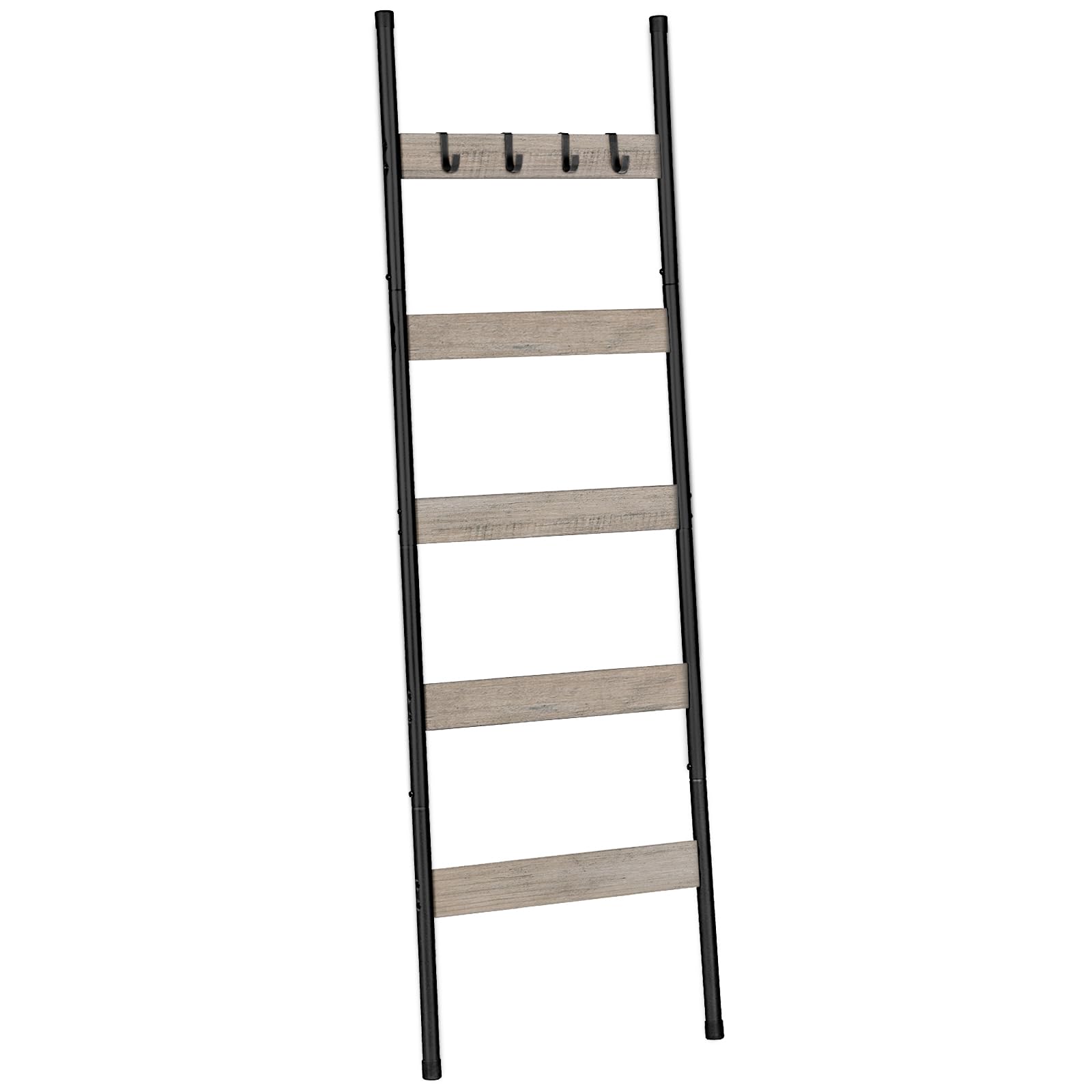 HOOBRO Blanket Ladder, 5-Tier Towel Rack with Hooks, Wall-Leaning Blanket Rack, Decorative Display Ladder Shelf, Scarves, Indust