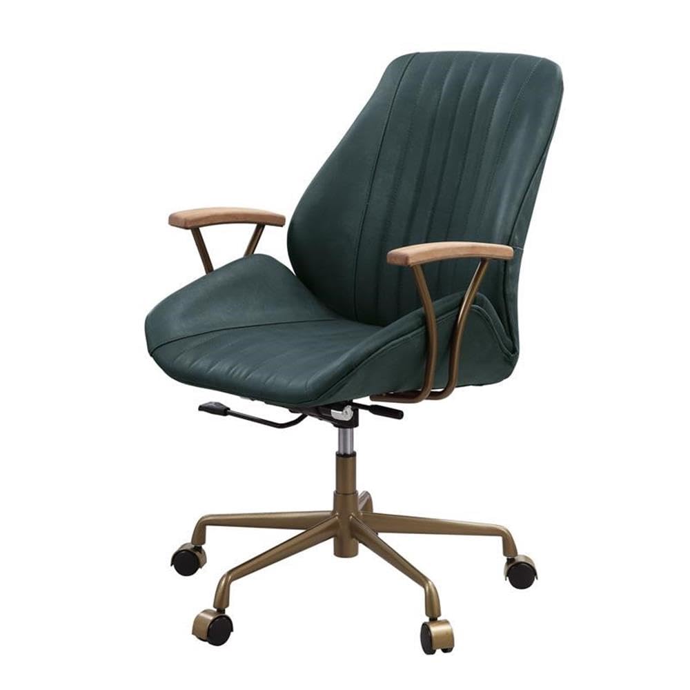 Acme Argrio Top Grain Leather Upholstered Swivel Office Chair in Dark Green