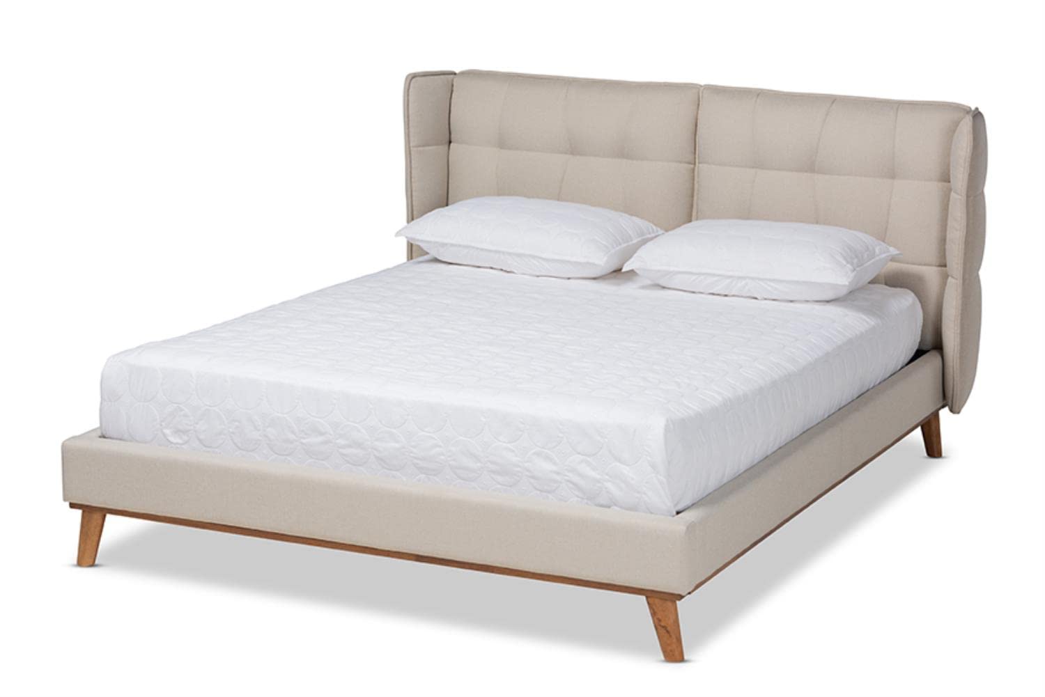 Baxton Studio Gretchen Modern and Contemporary Light Beige Fabric Upholstered and Walnut Brown Finished Wood Queen Size Platform Wingback Bed