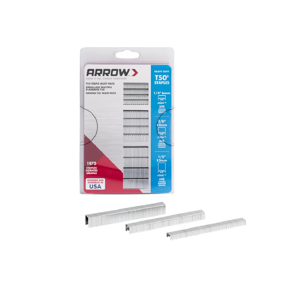Arrow 50Mp Heavy Duty T50 Staples Multipack, For Upholstery, Crafts, General Repairs, Includes 1/4-Inch, 3/8-Inch And 1/2-Inch S