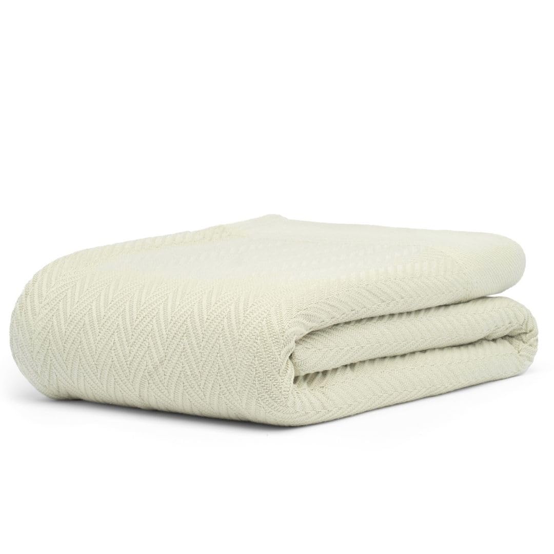 9Threads 100% Cotton Herringbone Weave Blankets, 90' X 90' Queen, Throw Blanket For Bed, All Season Cotton Blanket, Cozy Blank