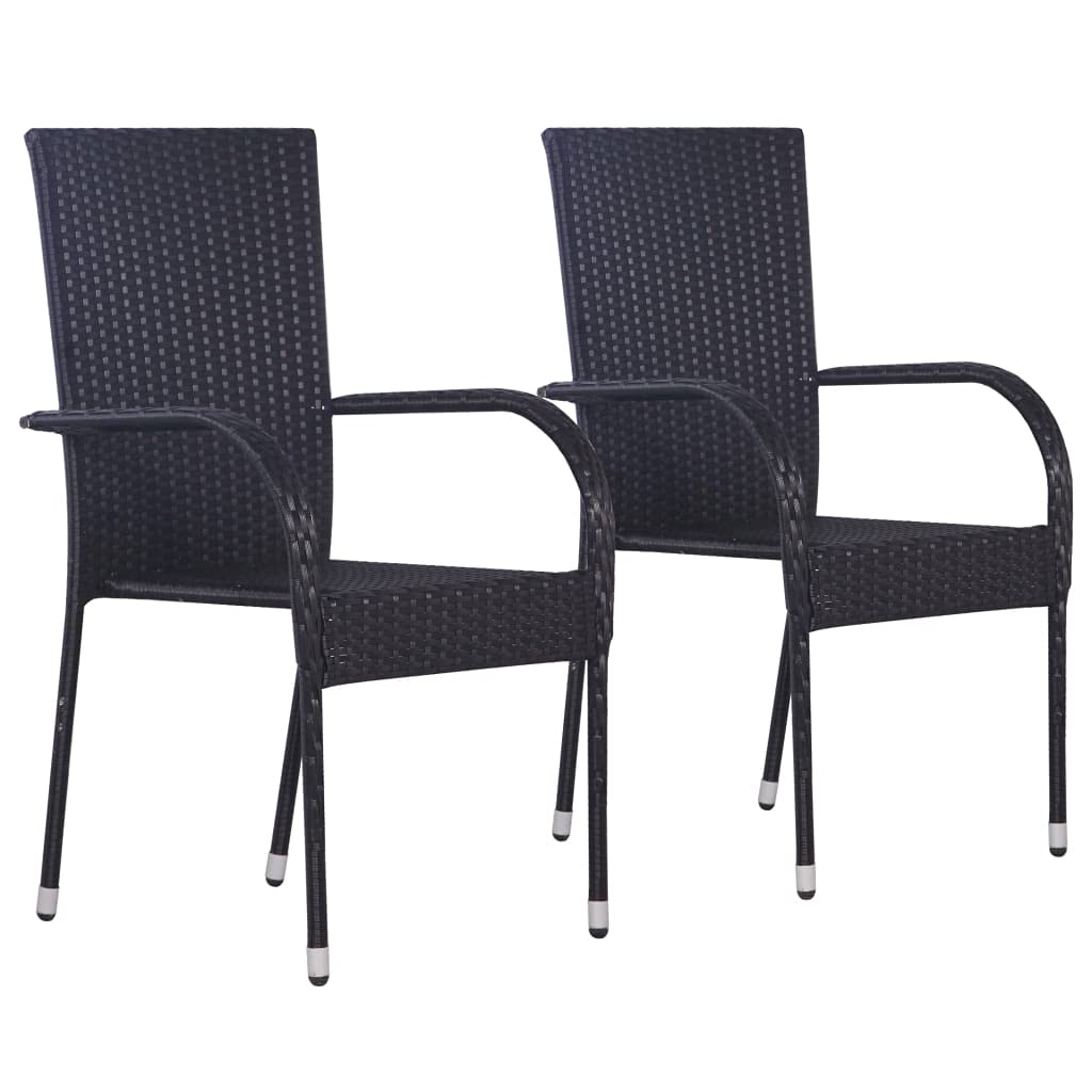 vidaXL Stackable Dining Chairs 2 pcs for Outdoor Use, Garden Patio Terrace, Made of Poly Rattan, Water-Resistant with Powder-Coated Steel Frame - Black