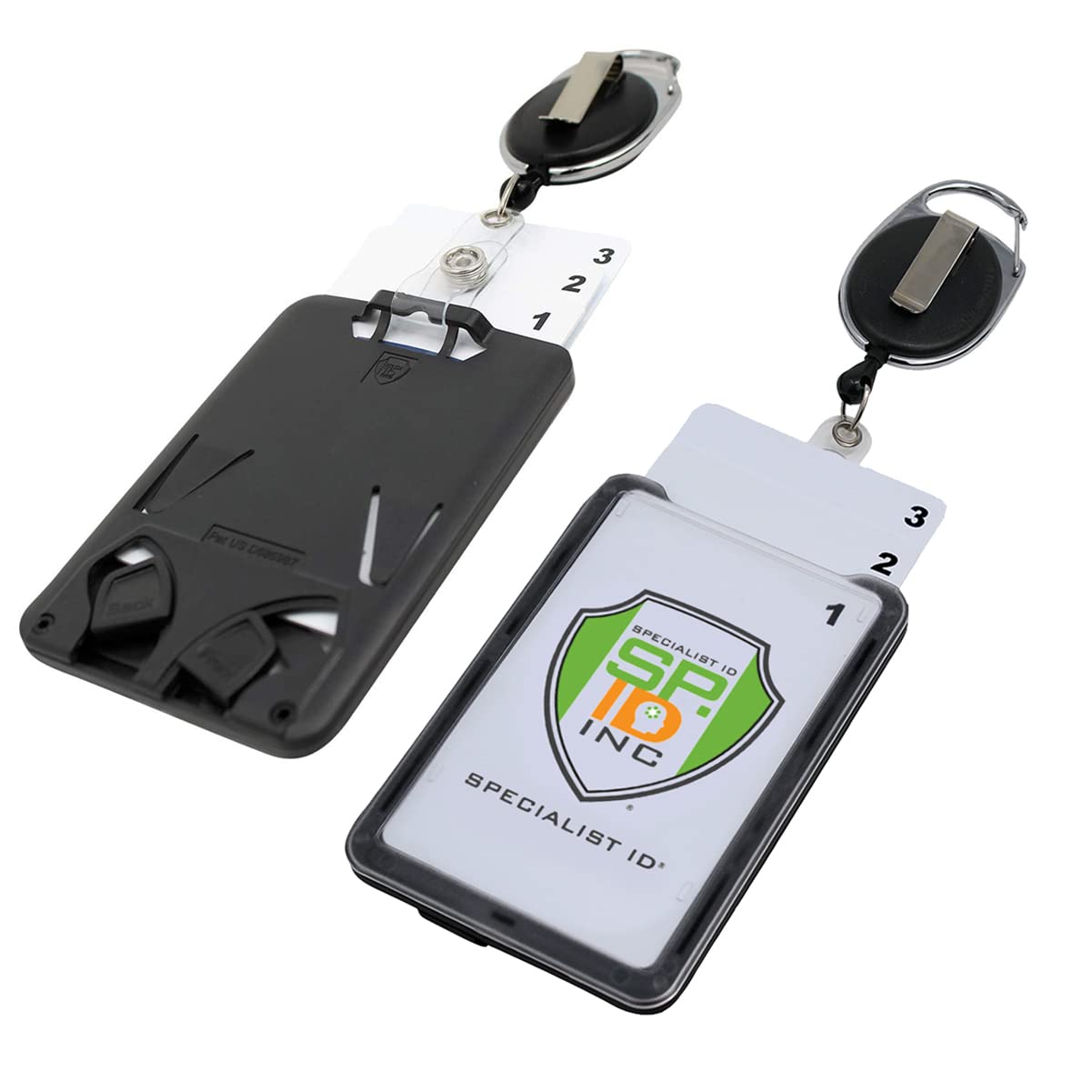 2 Pack - Hard Plastic 3 Card Badge Holder With Retractable Reel - Retracting Id Lanyard Features Belt Clip & Carabiner - Rigid V