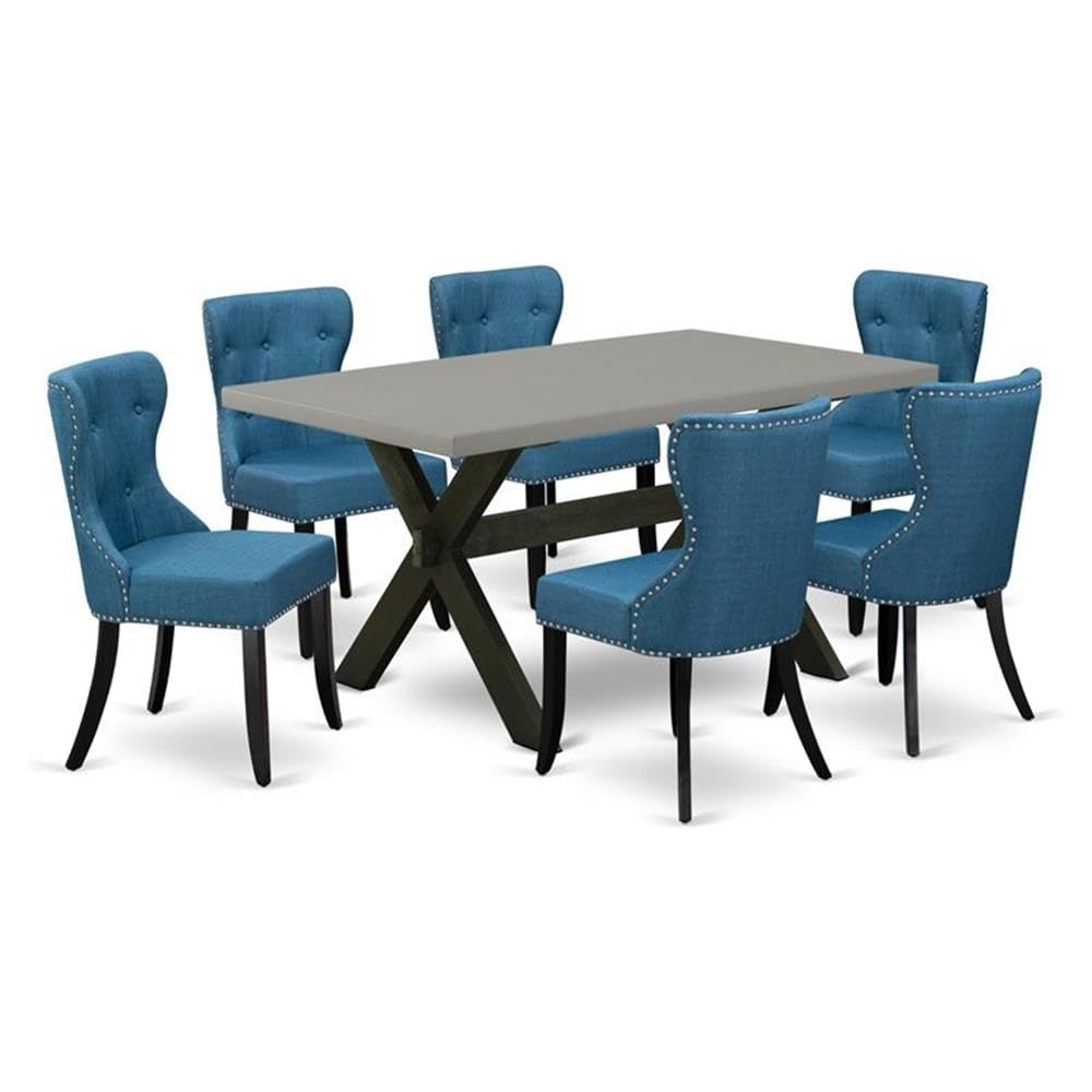 East West Furniture X696Si121-7 7 Piece Dinette Set Consist Of A Rectangle Dining Room Table With X-Legs And 6 Blue Linen Fabric Upholstered Parson Chairs, 36X60 Inch, Multi-Color