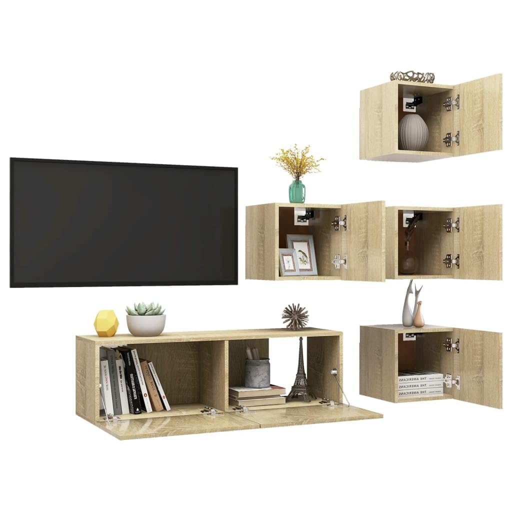 vidaXL TV Stand Set 5 Piece Home Indoor Living Room Hanging Wall-Mounted Stereo Plasma HiFi Cabinet TV Unit Furniture Engineered Wood Sonoma Oak