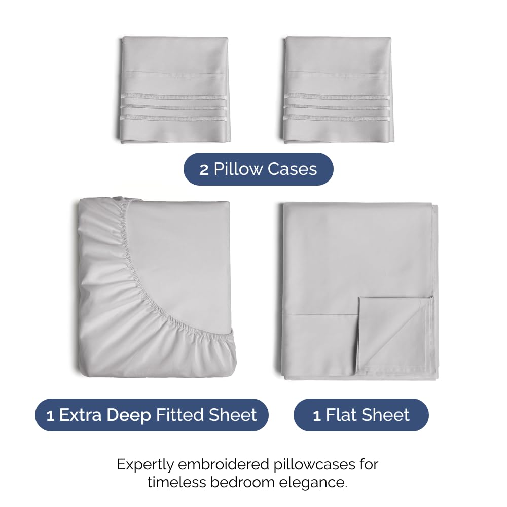 Extra Deep Queen 4 Piece Bedding Sheet Set - Breathable & Cooling - Hotel Luxury Bed Sheets Set - Easy Fit - Soft, Wrinkle Free & Comfy Light Grey Bedding Sheets - Extra Deep Pockets Bed Sheet Set