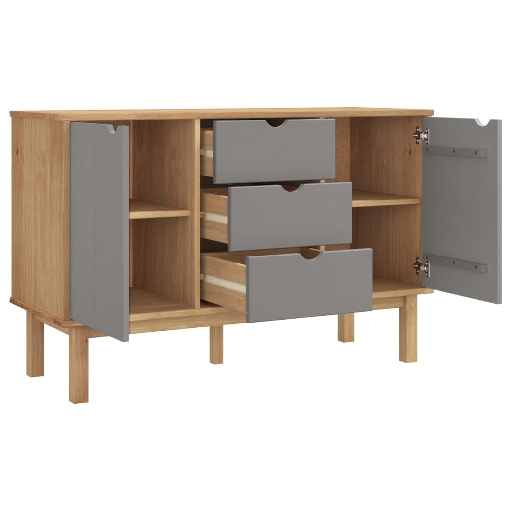 vidaXL OTTA Sideboard in Scandinavian Style with 3 Drawers and Compartments, Made from Solid Pine Wood, Brown and Gray