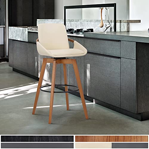 HomeRoots 26' Luxurious Cream and Walnut Faux Leather Swivel Bar Stool