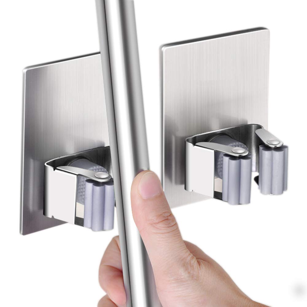 HANZE 2 Pack Stainless Steel Mop Broom Holder Organizer, Self Adhesive Wall Mounted Mop Organizer Storage Rack Clip for Kitchen 