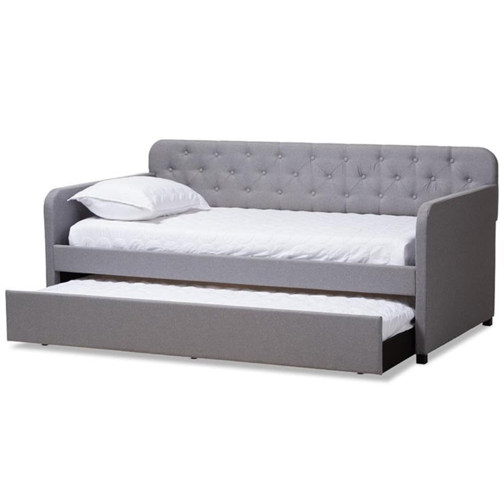 Baxton Studio Camelia Modern and Contemporary Grey Fabric Upholstered Button-Tufted Twin Size Sofa Daybed with Roll-Out Trundle Guest Bed