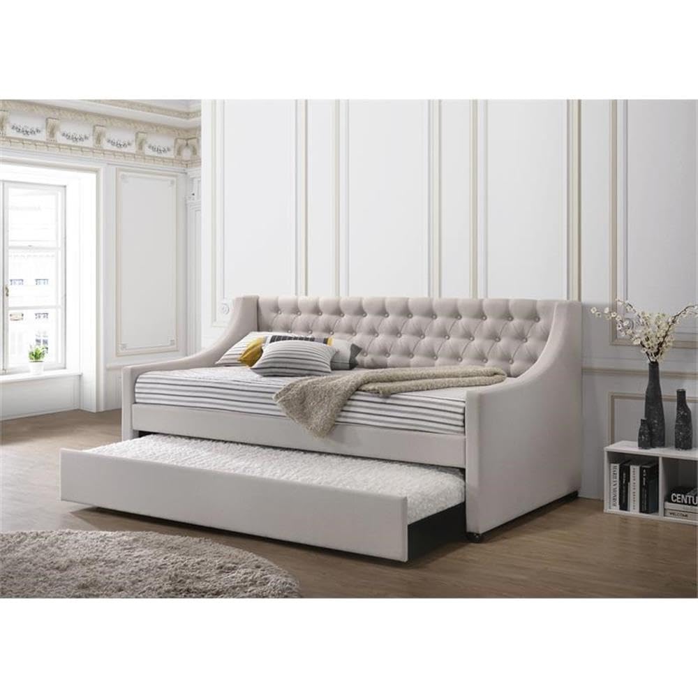 Acme Lianna Tufted Upholstered Twin Daybed and Trundle in Beige and Fog Fabric