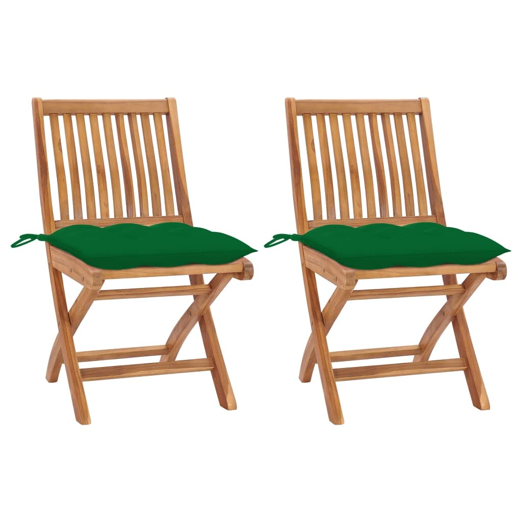 vidaXL Solid Teak Wood Patio Chairs with Green Cushions – Weather-Resistant Outdoor Furniture, Foldable for Easy Storage, Comes Fully Assembled, Set of 2