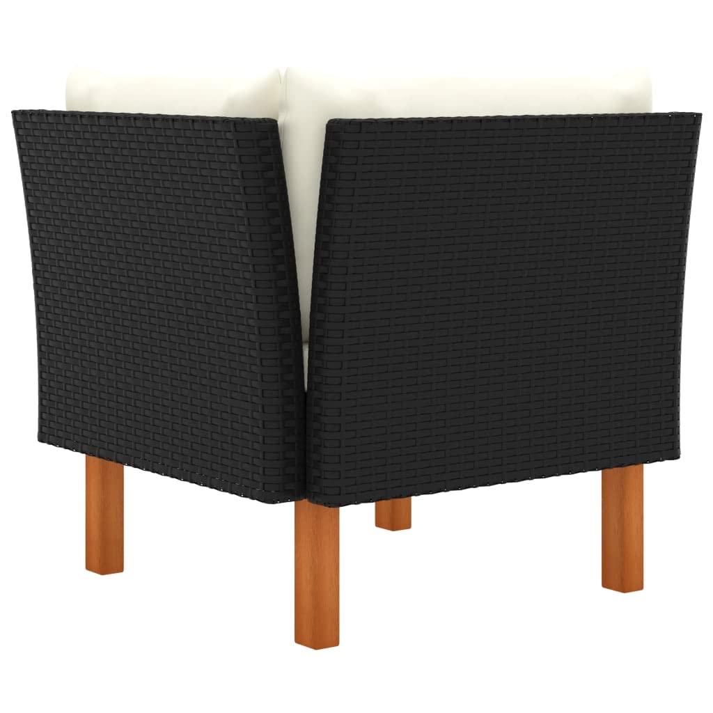vidaXL Black Corner Sofa with Cream White Cushion in Poly Rattan and Solid Eucalyptus Wood - Modular, Easy-to-Clean, Comfortable and Sturdy Construction for Indoor and Outdoor use