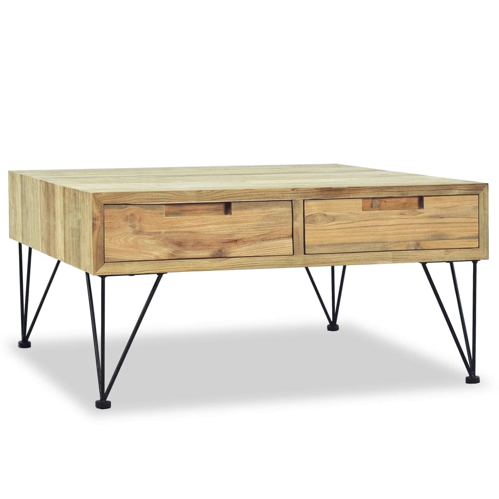 vidaXL Solid Teak Wood Coffee Table - Durable, Rustic-Style, Colonial-Inspired, with Two Storage Drawers and Wrought Iron Legs, Brown, Square