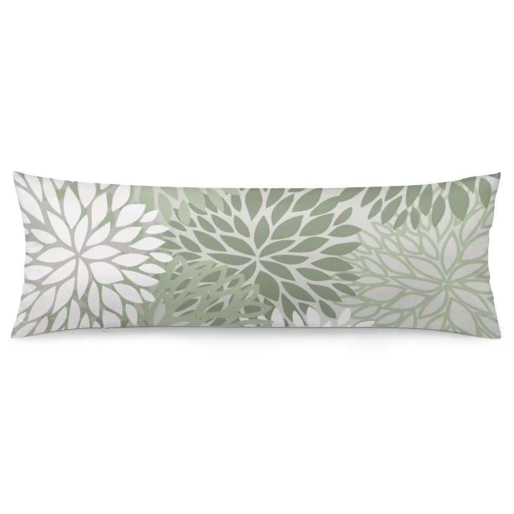 Sage Green Body Pillow Cover Spring Floral Long Pillow Case With Zipper Decorative Soft Bedding Pillowcase Farmhouse Dahlia Pill