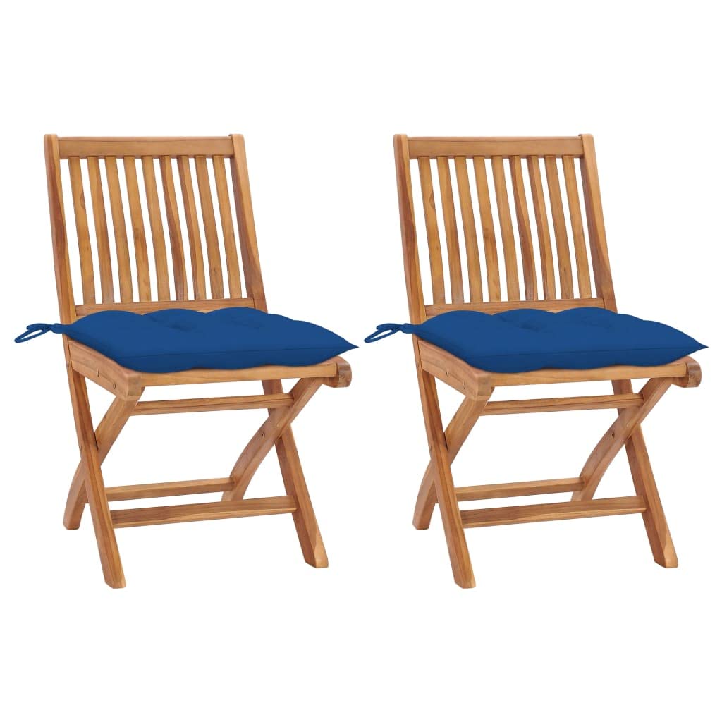 vidaXL 2X Solid Teak Wood Patio Chairs with Blue Cushions - Thumbnail 3