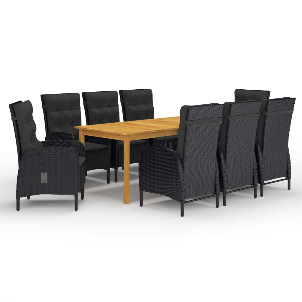 vidaXL 9-Piece Black Rattan Patio Dining Set - Robust Acacia Wood Table and Ergonomically Designed Chairs for Outdoor Space