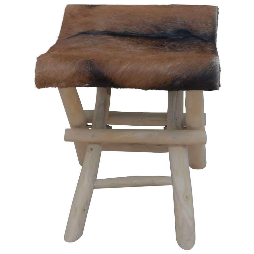 vidaXL Folding Stool with Real Goat Leather and Solid Teak Wood Frame Brown - Modern Rustic Style Compact Chair