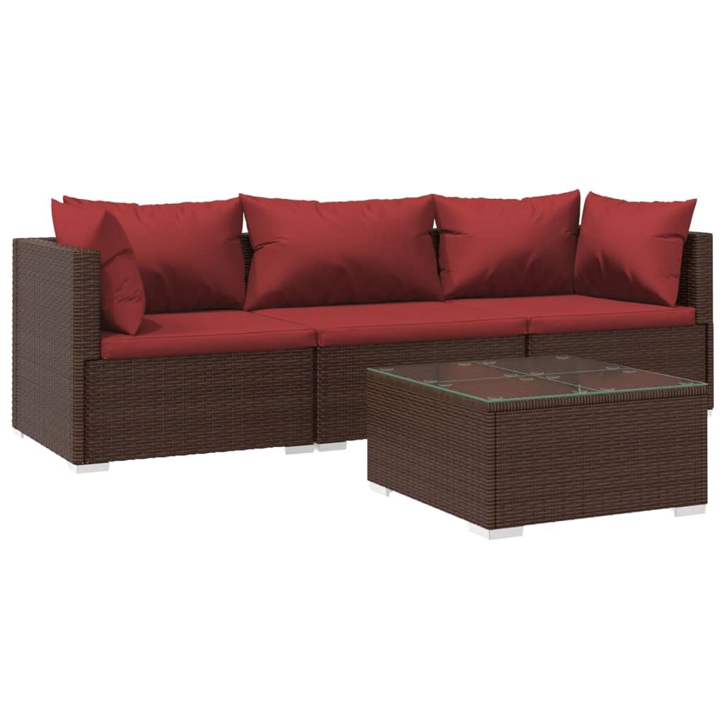 vidaXL Brown Patio Furniture - Red Cushion - 3 Seats with Table