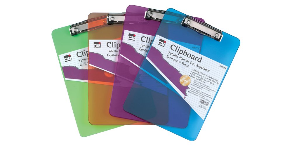 Charles Leonard Transparent Plastic Clipboard With Low Profile Clip And Pull Out Hook, Letter Size, Assorted Neon Colors (3 Each