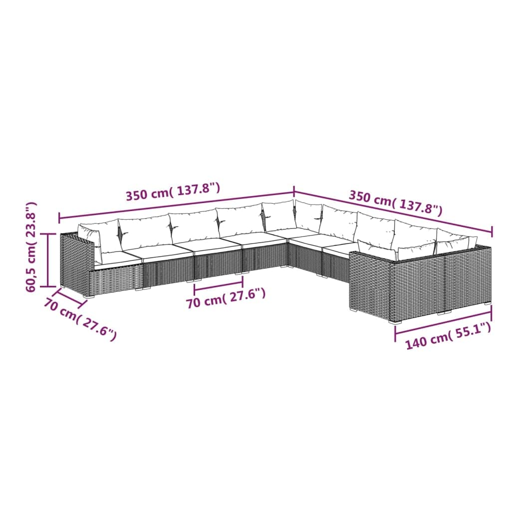 vidaXL - Modular Patio Lounge Set, 10-Piece in Black Poly Rattan with Water-Resistant Blue Cushions, Durable Powder-Coated Steel Frame, Lightweight and Flexible