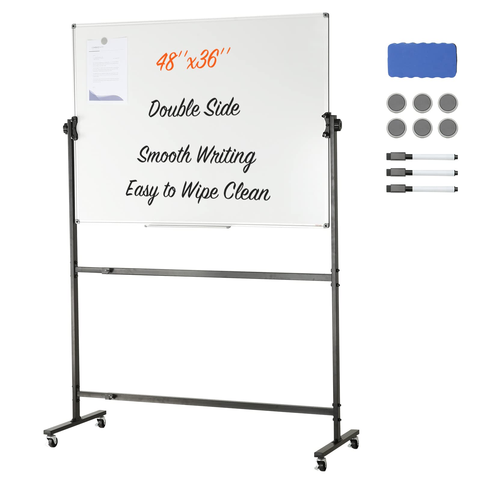 Vevor Rolling Magnetic Whiteboard, Double-Sided Mobile Whiteboard 48X36 Inches, Adjustable Height Dry Erase Board With Wheels, 1