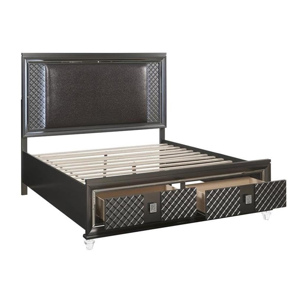 Acme Sawyer Queen Bed W/Storage (Led) In Fabric & Metallic Gray