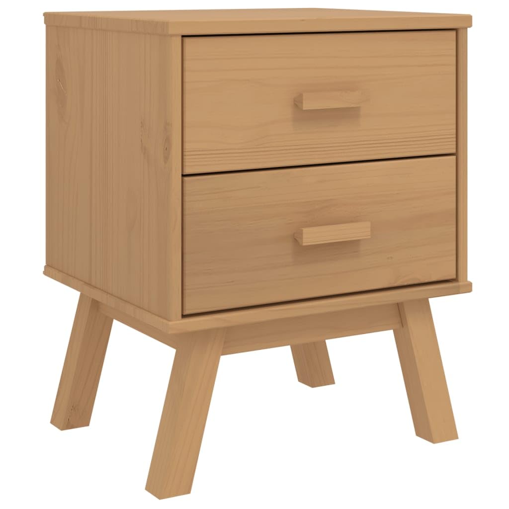 vidaXL Olden Brown Solid Pine Wood Bedside Cabinet - Scandinavian Nightstand with 2 Drawers and Wooden Feet for Bedroom/Lounge