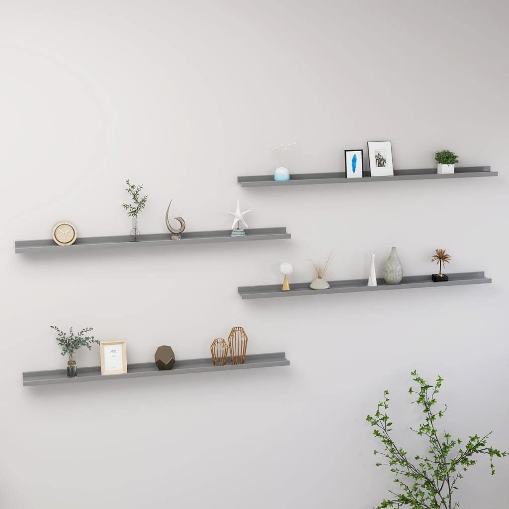 vidaXL Wall Shelves - Set of 4, Gray Modern Wall-mounted Storage Solution, Durable MDF, Ideal for Books and Decor, Easy Maintenance, Size 45.3&quot;x3.5&quot;x1.2&quot;