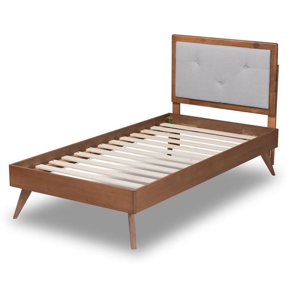 Baxton Studio Laima Mid-Century Modern Light Grey Fabric Upholstered and Walnut Brown Finished Wood Twin Size Platform Bed