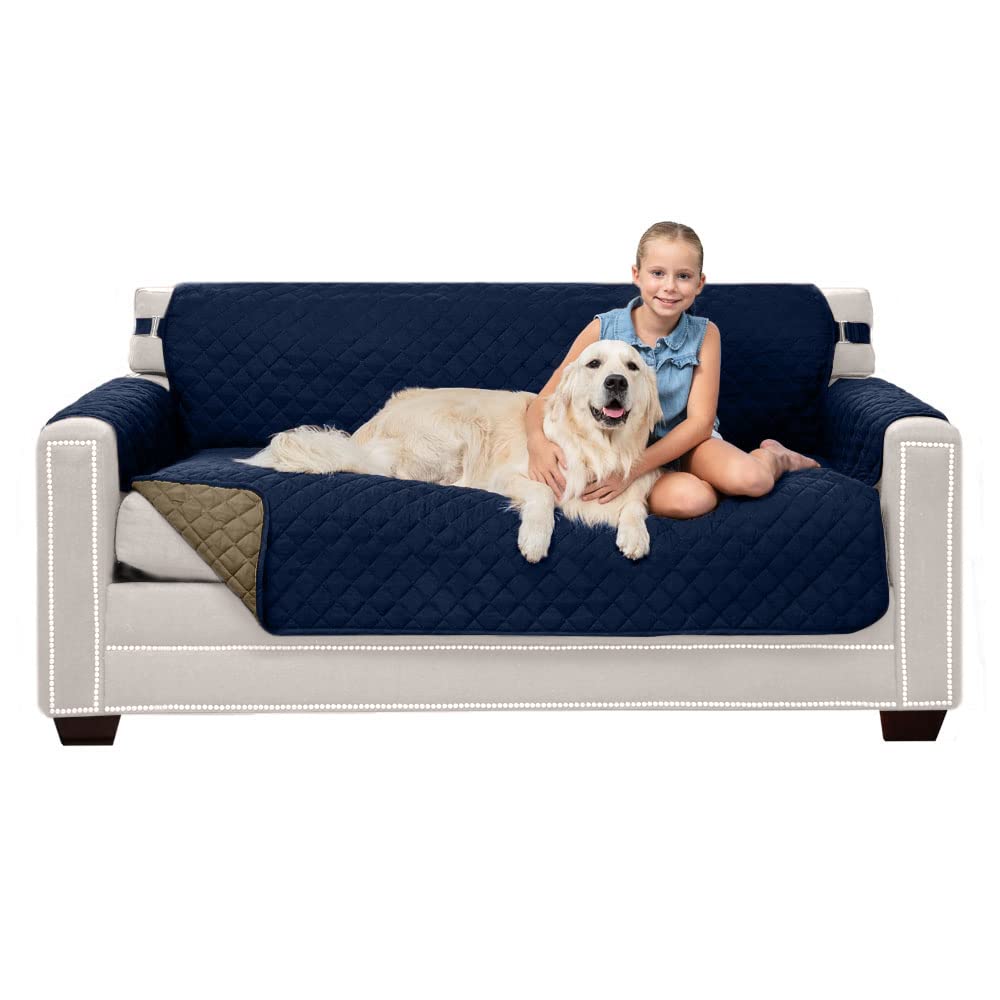 Sofa Shield Patented Couch Slip Cover, Large Cushion Protector, Reversible Stain And Dog Tear Resistant Slipcover, Quilted Microfiber 62” Seat, Washable Covers For Dogs Pets Kids, Navy Sand
