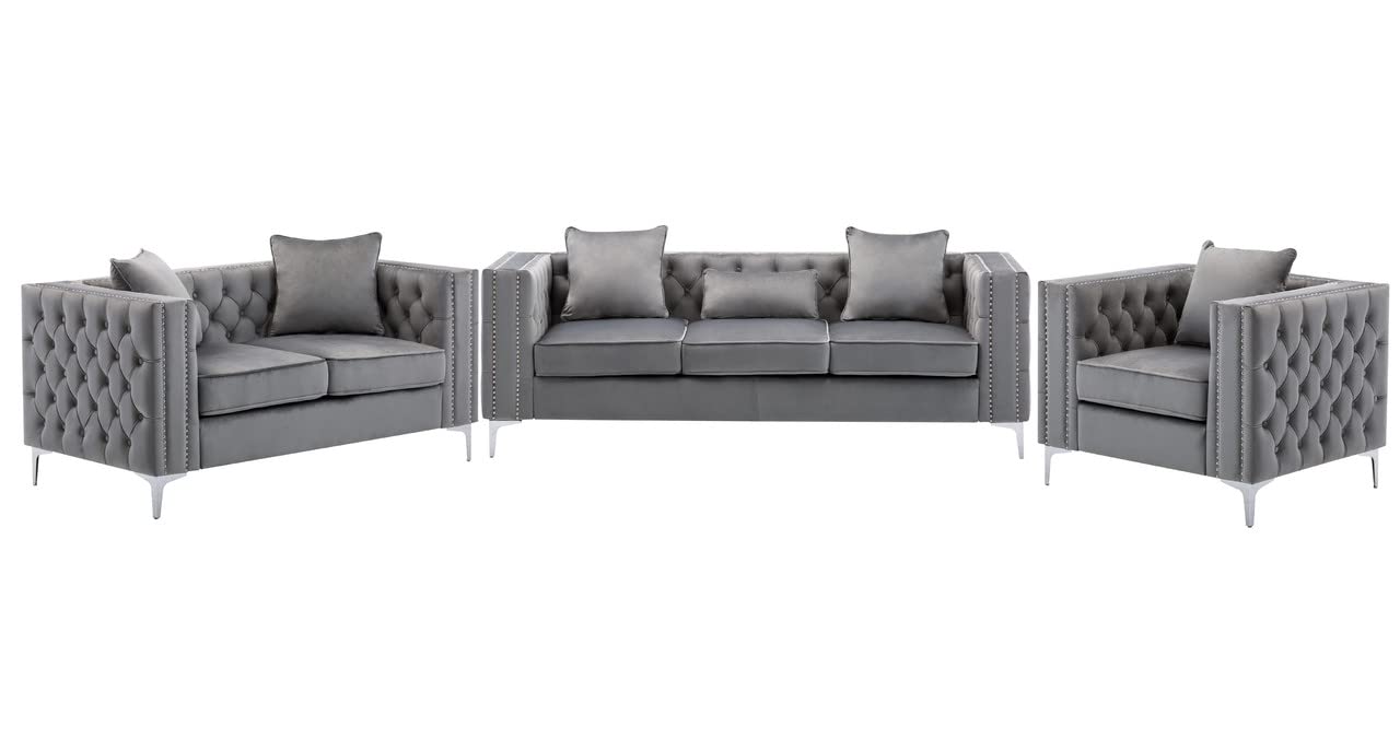 Lilola Home Lorreto Gray Velvet Fabric Sofa Loveseat Chair Living Room Set