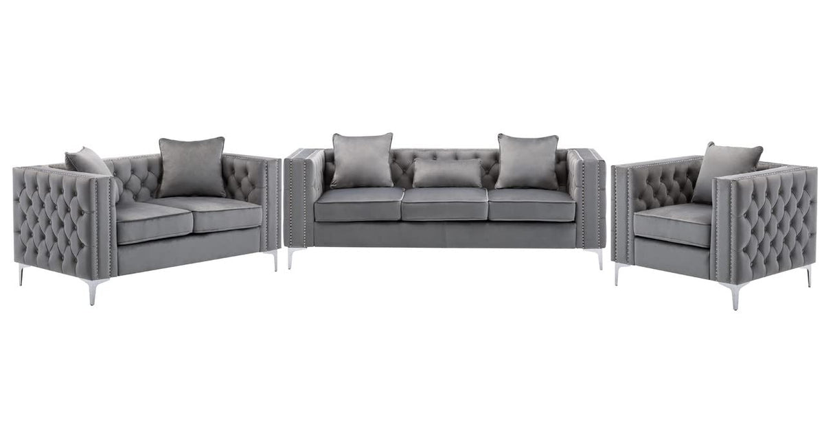 Lilola Home Lorreto Gray Velvet Fabric Sofa Loveseat Chair Living Room Set