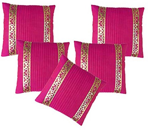 Decor India Pink & Golden Cutting Quilted Polyester Cushion Covers (16X16 Inch, Set Of 5)