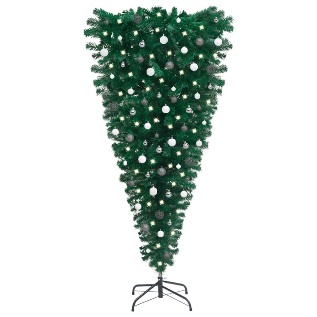 Vidaxl Pre-Lit Upside-Down Artificial Christmas Tree With Adjustable Branches, Steel Stand, And Ball Set - Green/White, 70.9&quot; Height