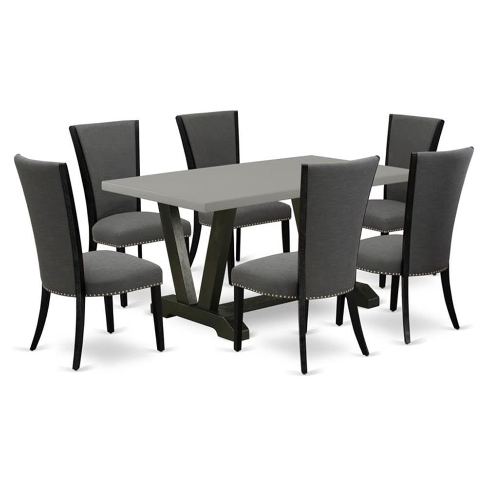 East West Furniture Dark Gotham Grey Dining Table Set - 7 Piece Cement & Linen Chair Dark Gotham Grey/Cement