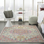 HomeRoots Ivory/Pink 100% Polypropylene 5’ x 7’ Ivory and Pink Medallion Area Rug