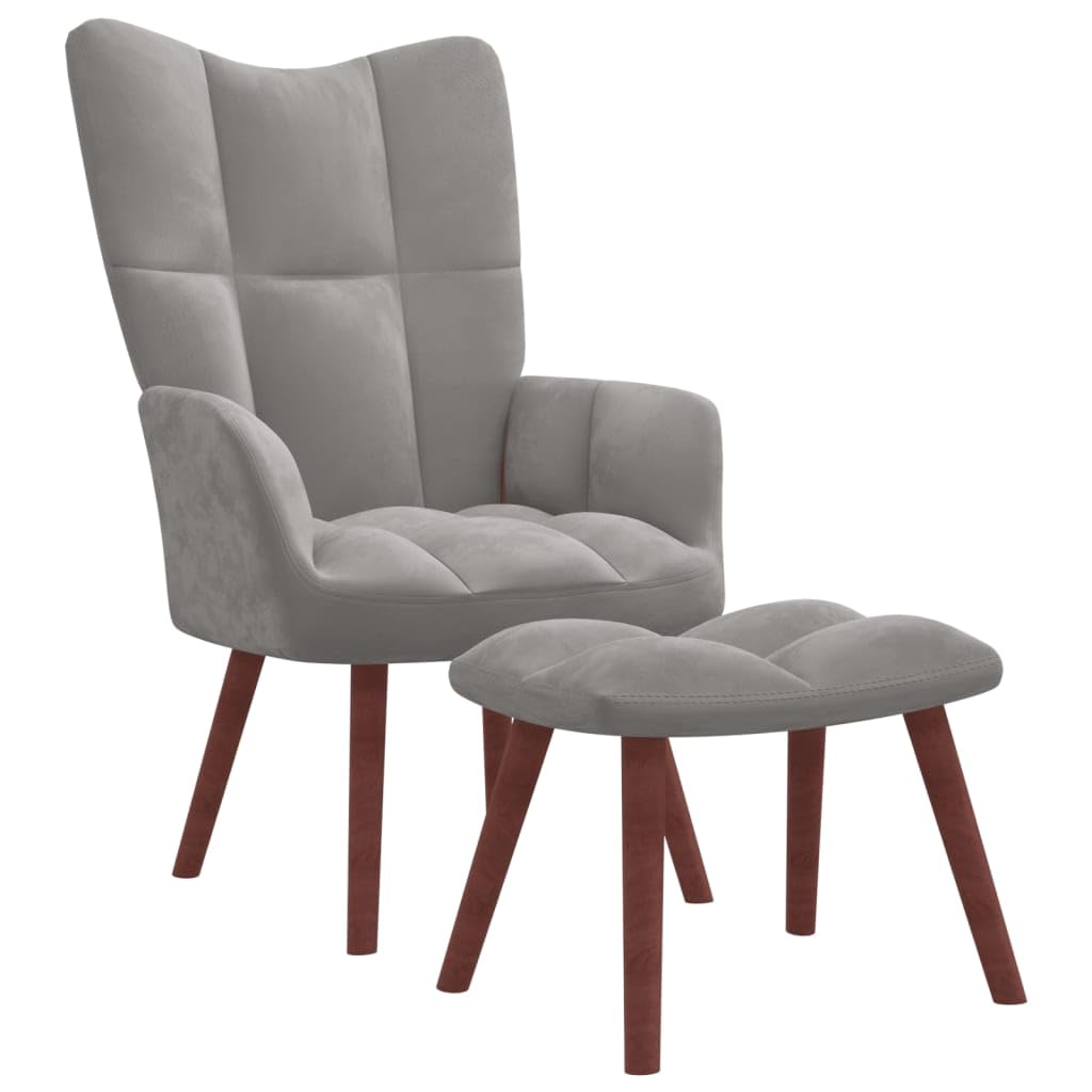 vidaXL Relaxing Chair and Stool Set - Light Gray Velvet Upholstery with Steel Frame and Solid Rubber Wood Legs - Modern Home Seating Furniture