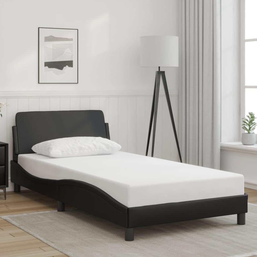 vidaXL Black Faux Leather Single Bed Frame 39.4"x79.9" with Headboard - Plywood Slats & Sturdy Legs for Bedroom Stability and Support
