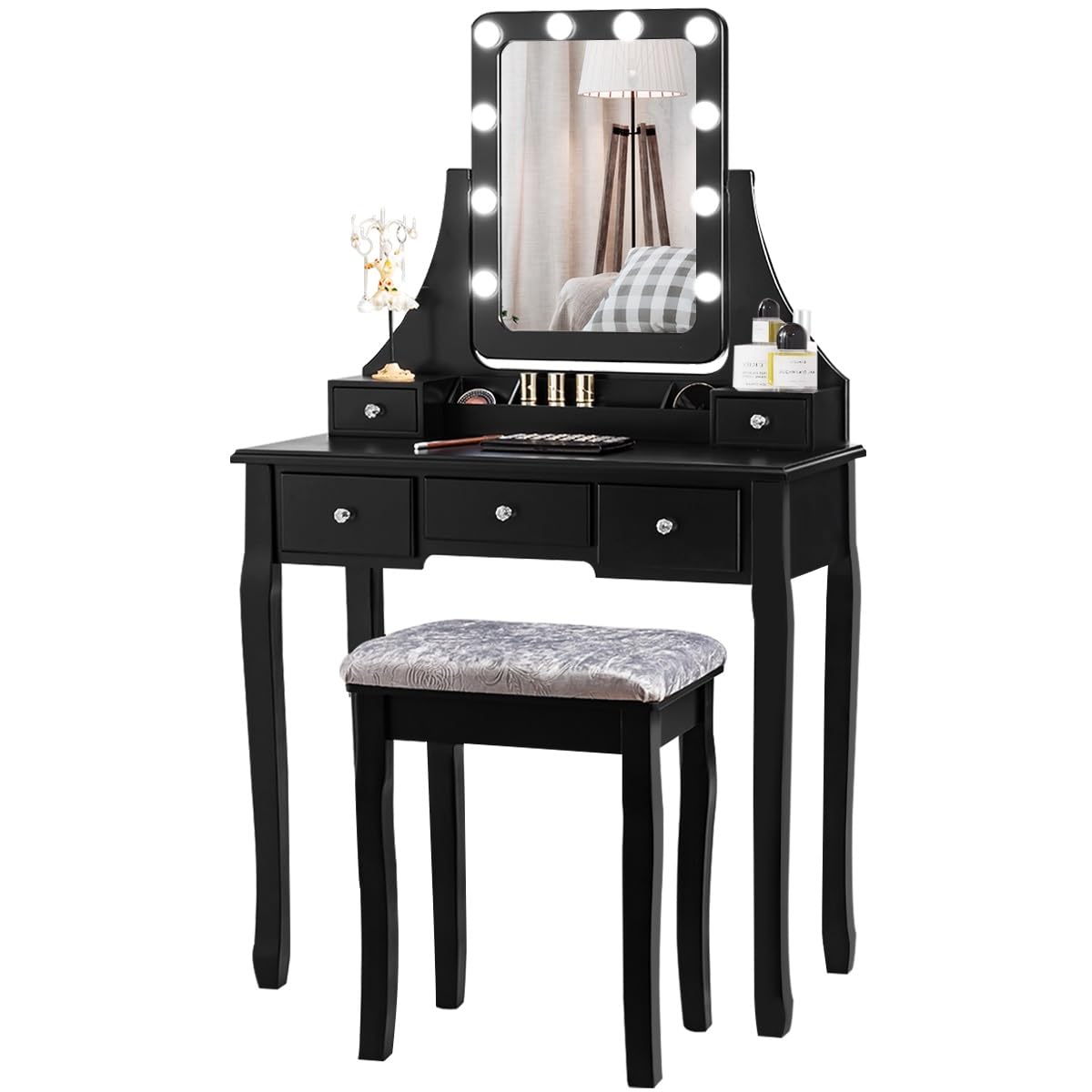 Dortala Vanity Table Set W/ 360-Degree Rectangular Mirror & Cushioned Stool, Makeup Table W/ 10 Led Dimmable Bulbs, Bedroom Wood Dressing Table W/ 5 Drawers & Removable Box Organizer, Black