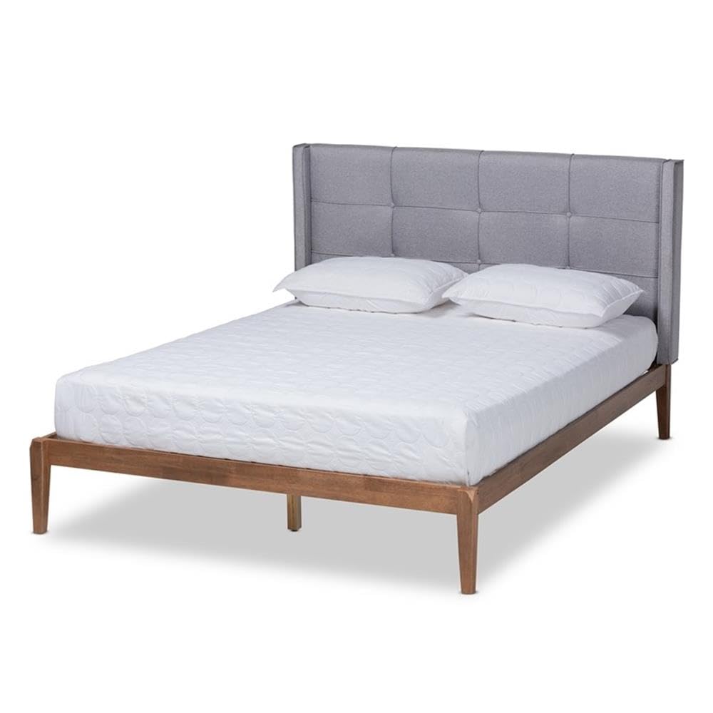 Baxton Studio Edmond King Size Gray Upholstered and Ash Walnut Wood Platform Bed