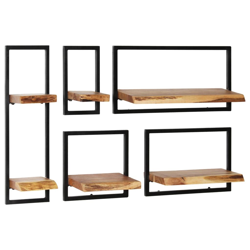 vidaXL 5-Piece Wall Shelf Set, Solid Acacia Wood and Powder-Coated Steel Frame, Retro Design, Different Sized Shelves, Easy Assembly, Brown