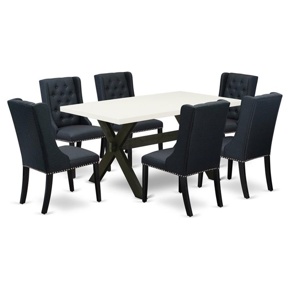 East West Furniture X626FO624-7 7 Piece Set Consist of a Rectangle Dining Room Table with X-Legs and 6 Black Linen Fabric Upholstered Chairs, 36x60 Inch